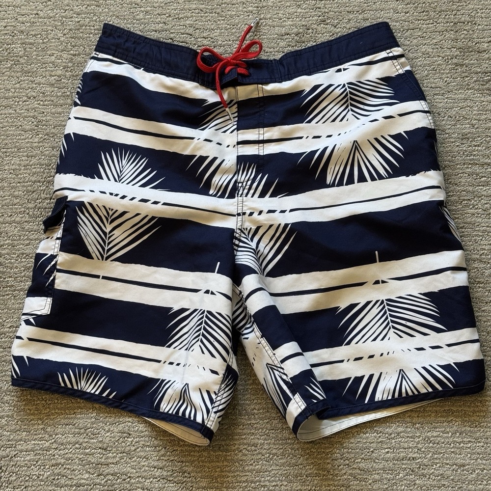 LANDS' END Men's Navy White Tropical Swim Shorts Size Large Pockets Coastal